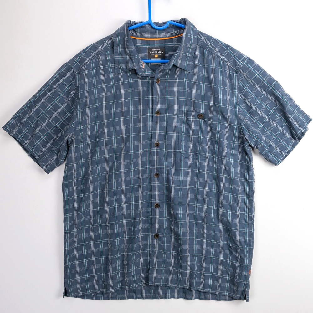 Quiksilver Waterman Mens Large Plaid Short Sleeve Button Up Shirt Blue Beach